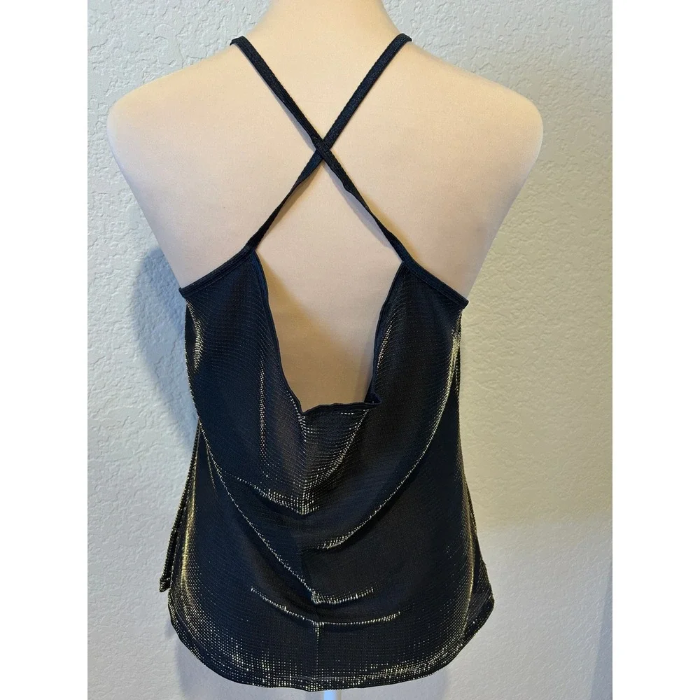 Vintage Cinema Etoile Cami Tank Sz L Black Gold Metallic Cowl Neck Mesh 90s Glam